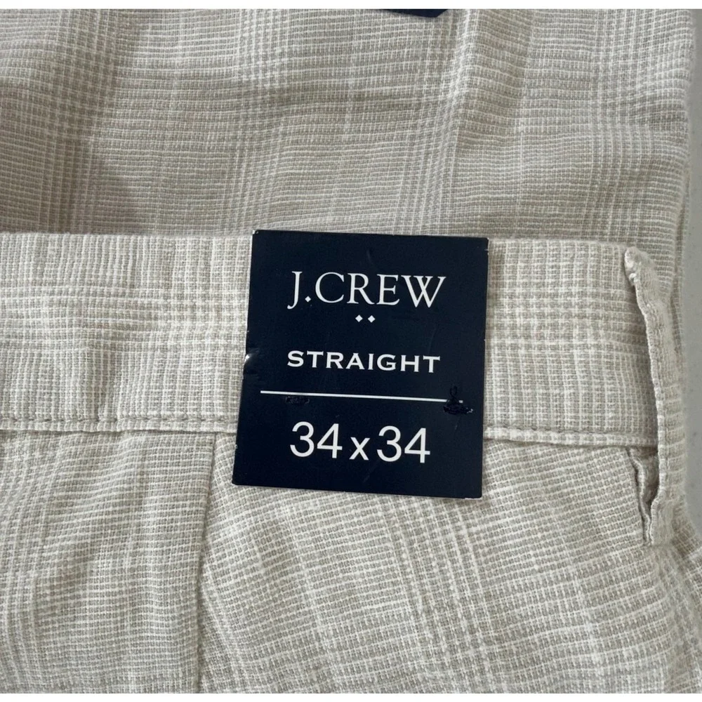 J Crew Factory Straight Fit Pants 34x34 Beige Glen Plaid Linen Cotton Blend NWT